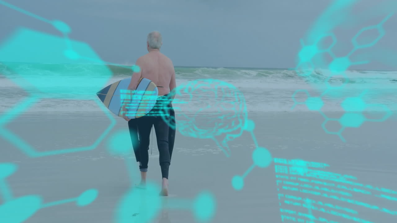 Walking towards ocean with surfboard, man over scientific data processing animation