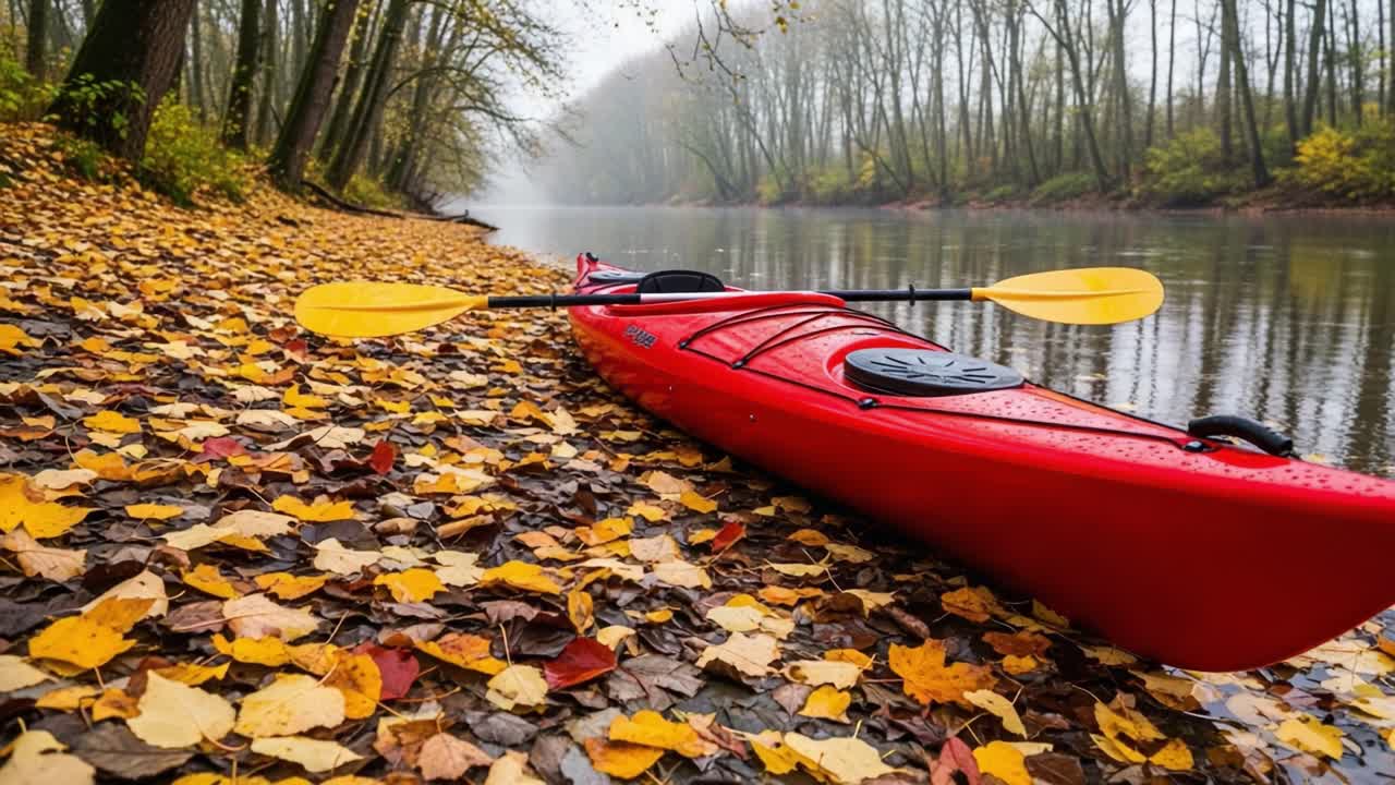 A Scenic Autumn Kayaking Adventure: Experience Tranquility on a Misty River Surrounded by Vibrant Fall Foliage and Calm Waters