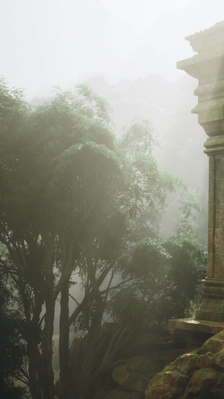 Misty morning reveals ancient ruins among lush trees and soft light