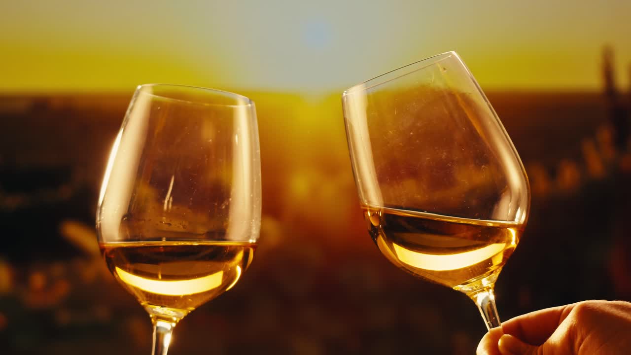Orange or white wine bottle and glass against a sunset in a peaceful vineyard, pouring of ecological natural wine.