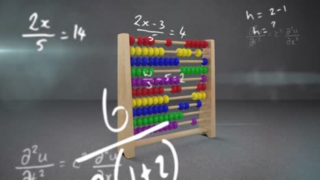 Animation-of-handwritten-mathematical-equations-moving-over-abacus-on-grey-background