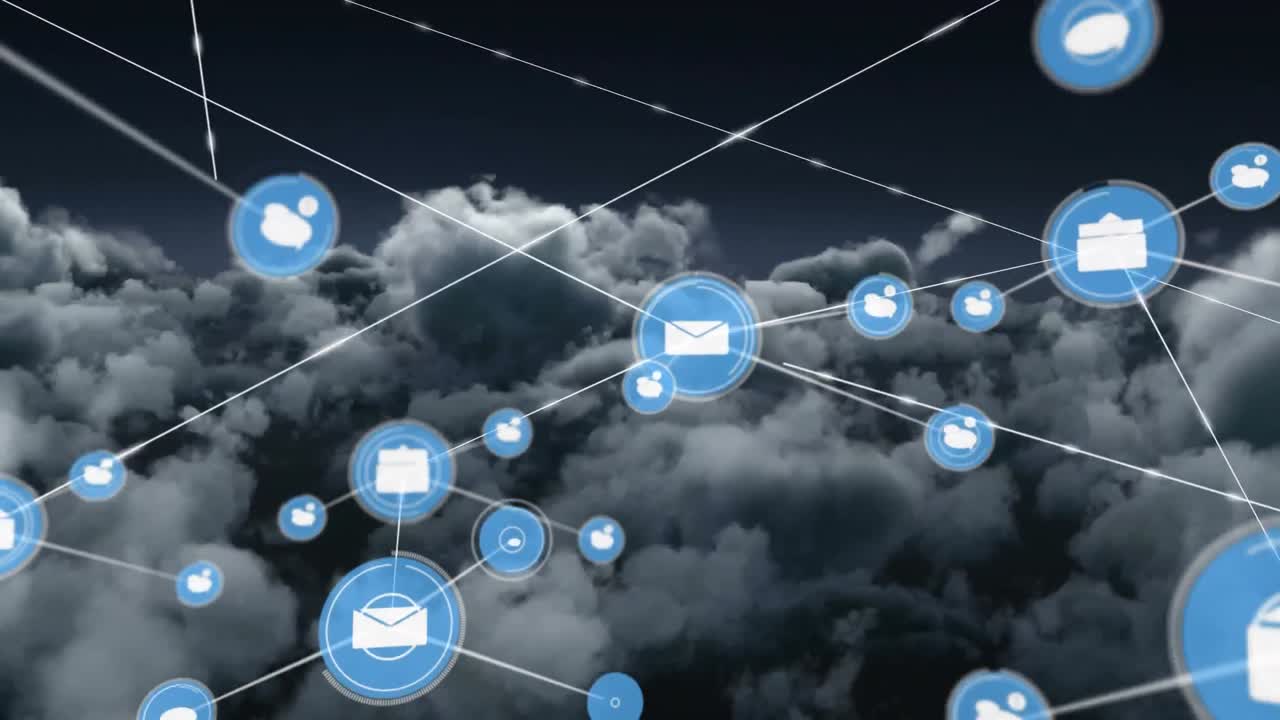Animation of network of connections with icons over clouds