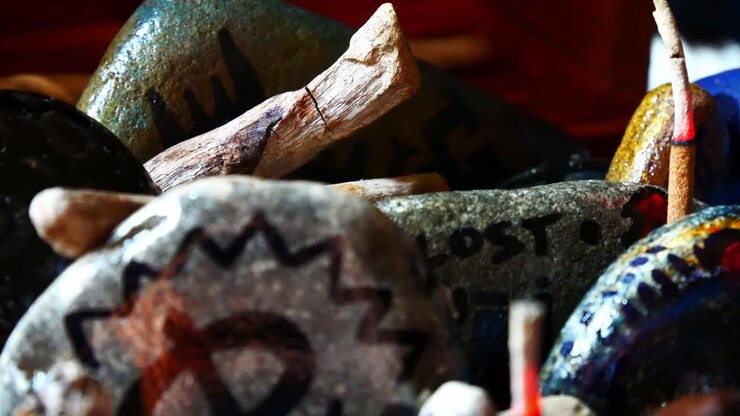 Mystical painted Viking drawing patterned spiritual pebbles colourful art collection in wooden box with burning incense