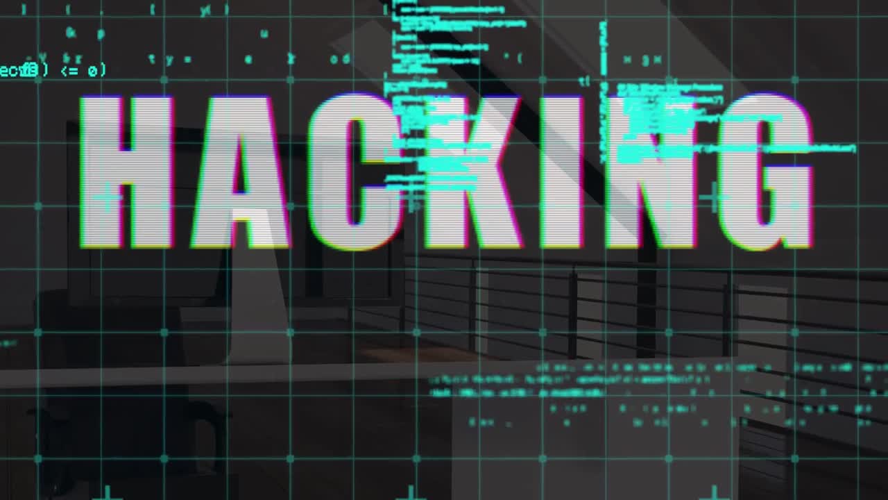 animación de procesamiento de datos y hacking de texto sobre la oficina