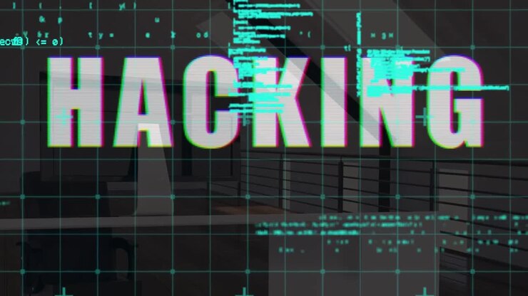 Animation of data processing and hacking text over office