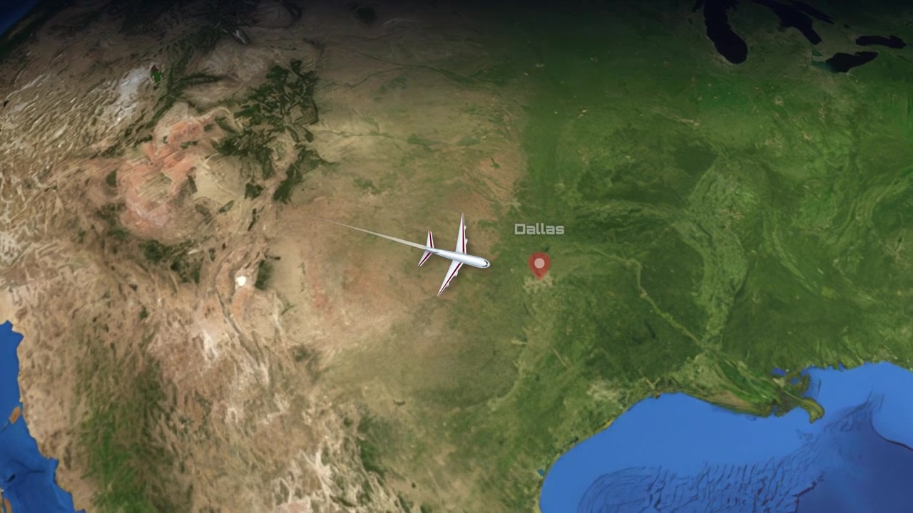 Satellite view animation tracks a commercial airplane flying from San Francisco to Dallas, Texas