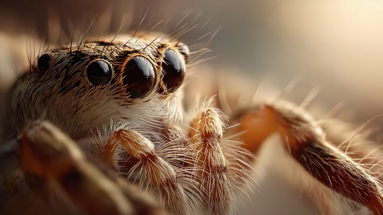 A Close-Up Exploration of a Spider's Eyes and Furry Encounters: Delving Into the Intricate Details of Nature's Tiny Predators in Stunning Clarity