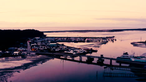 Aerial-of-Charleston-Oregon-during-a-colorful-sunset