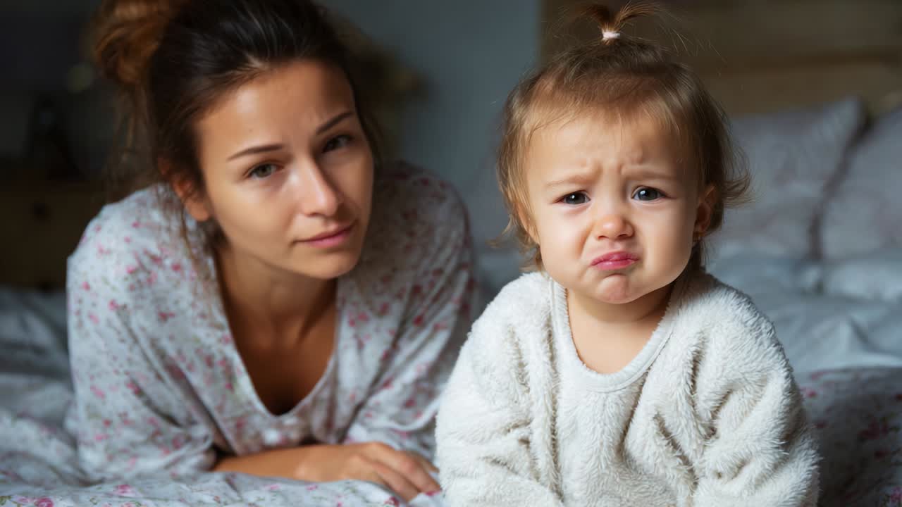 A Tender Morning Scene: A Mother and Her Adorable, Upset Toddler Share A Quiet Moment in Their Cozy Bedroom, Capturing Raw Emotions and the Unconditional Love Between Parent and Child