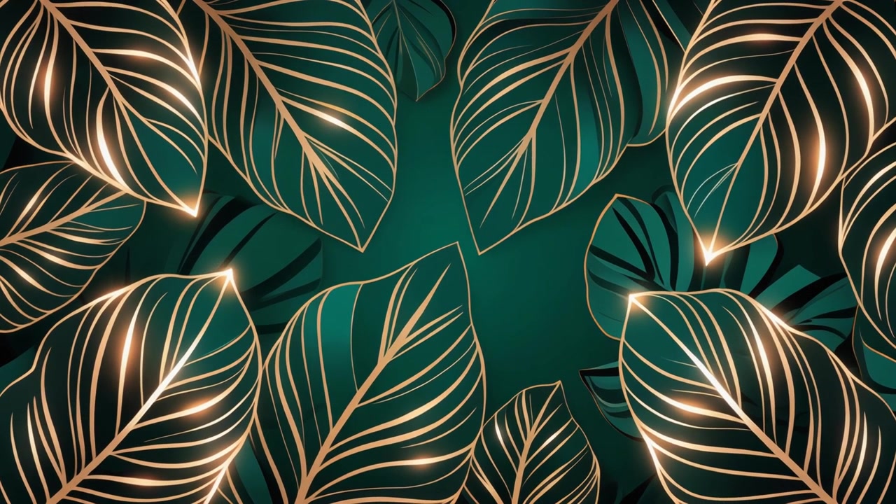 Abstract Tropical Leaves with Golden Veins on Dark Green Background
