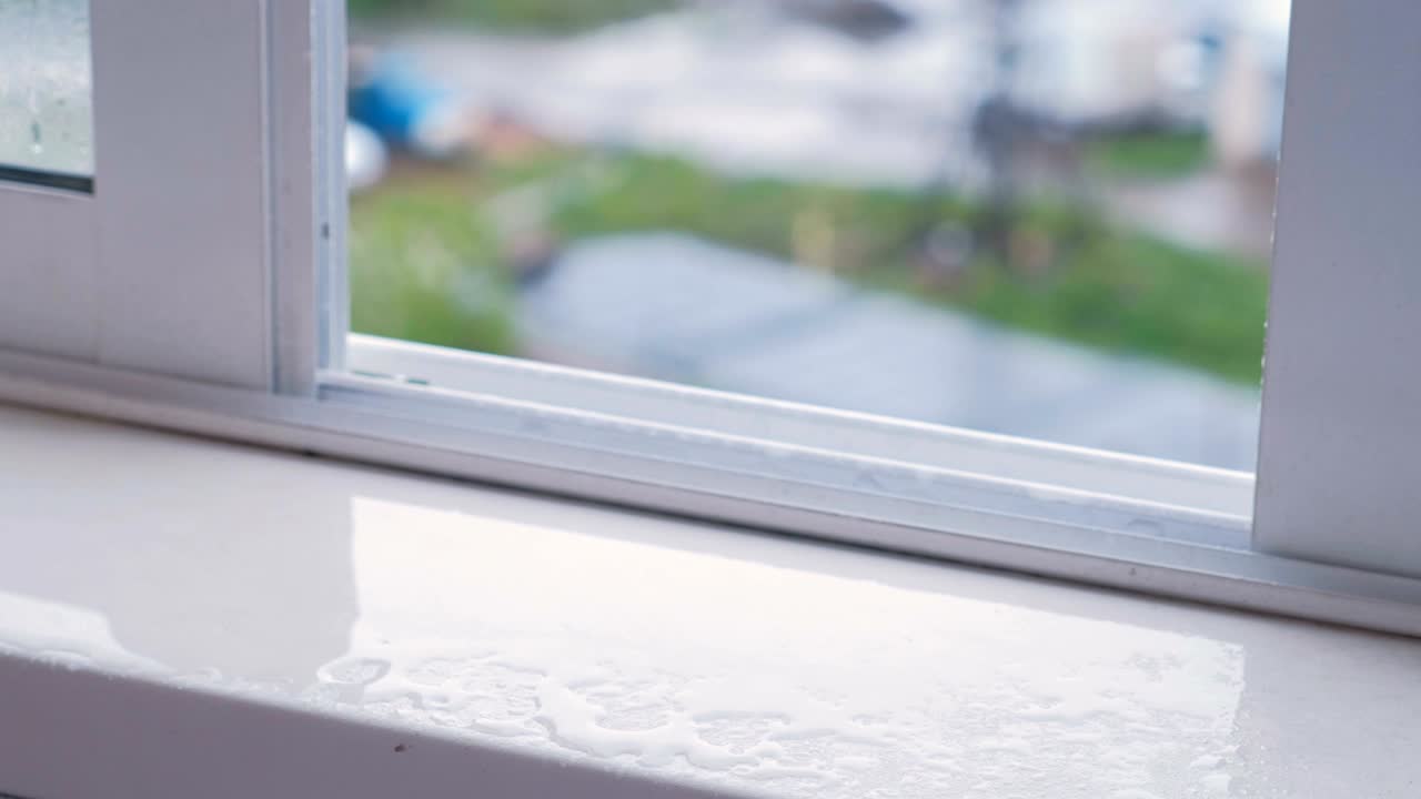 비가 오는 동안 창문이 열려있는 은 창문, 클로즈업.