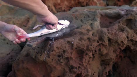 las manos del hombre trabajan para quitar los huesos de los peces con un cuchillo junto al océano.