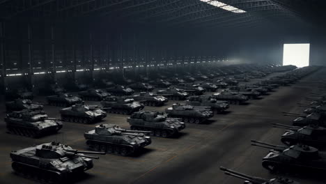 a vast collection of military tanks stored in a dark industrial warehouse