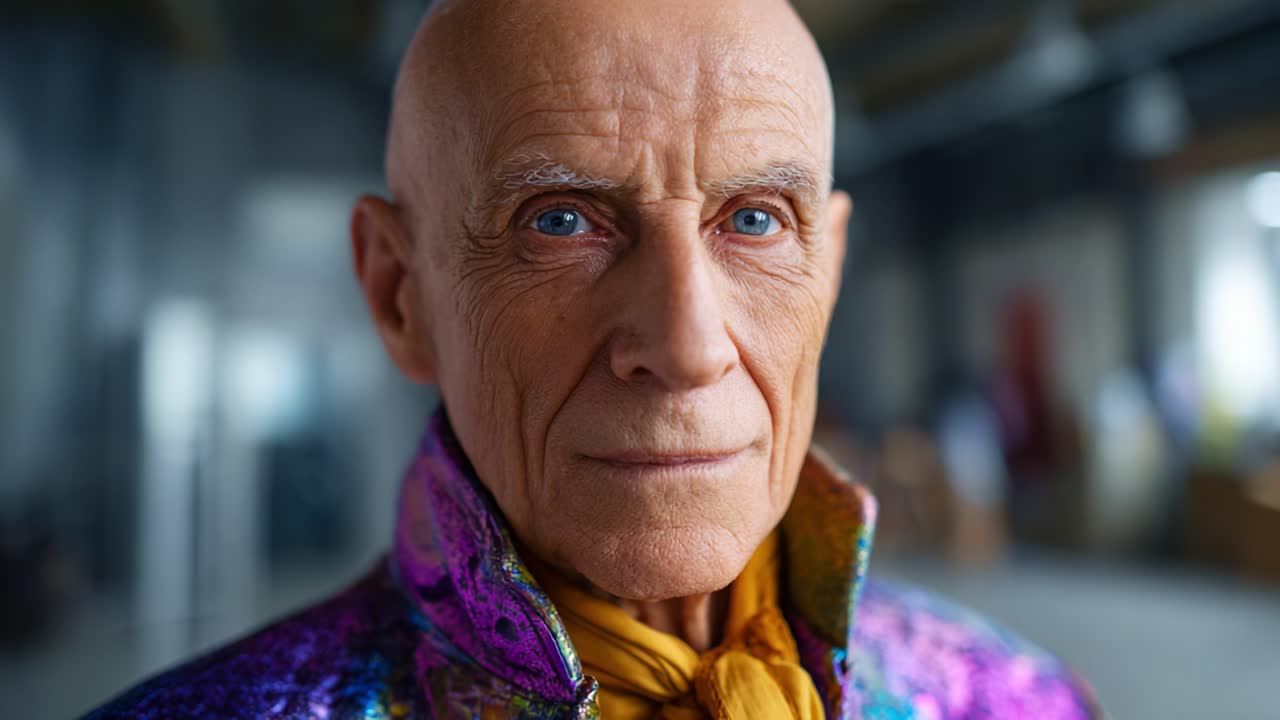 Un personaggio misterioso con sorprendenti occhi azzurri e un abbigliamento colorato immortalato in due fotogrammi, che evoca intrigo e curiosità nella scena