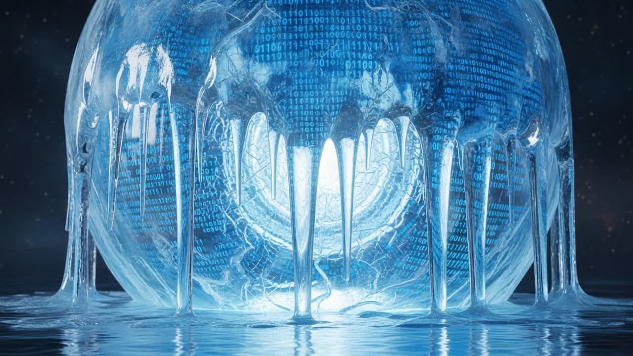 A Captivating Visual of a Futuristic Ice Sphere Encapsulating Binary Code, Reflecting a Blend of Technology and Nature in an Intriguing Composition