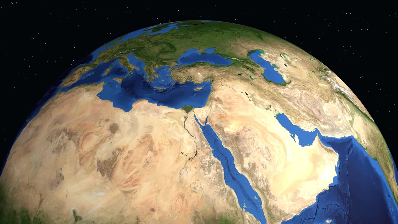 A digital animation zooms from outer space into Earth, focusing on Ismailia, Egypt