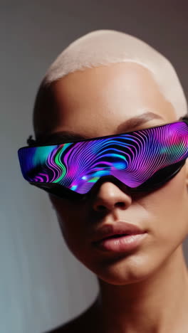 woman wearing futuristic cyberpunk visor with abstract digital display