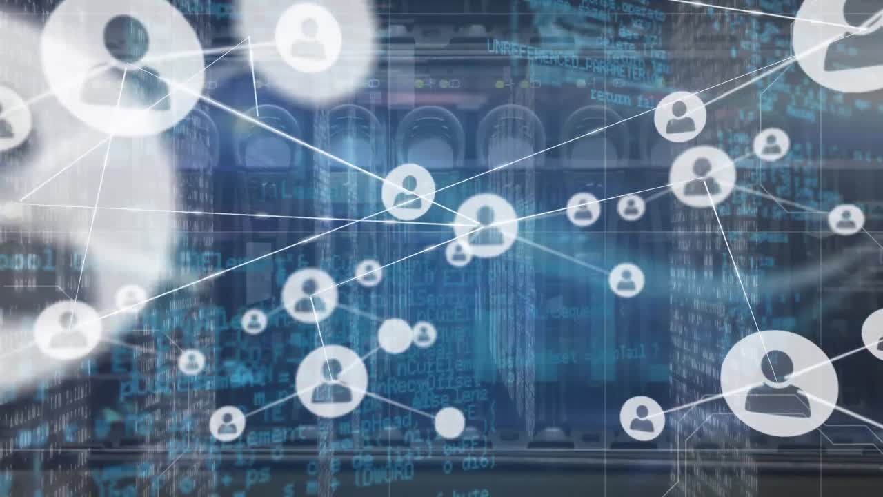 Animation of network of connections with icons over computer server