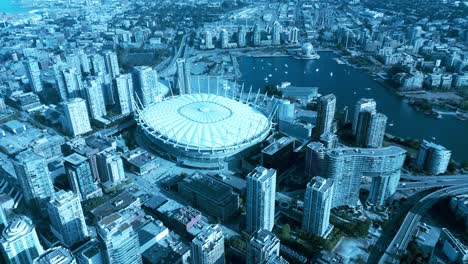 1-3-4k-Vancouver-Twist-Enthüllen-Vogelperspektive-False-Creek-Olympic-Village-Atemberaubende-Neue-Eigentumswohnungen-Gegenüber-Dem-Stadion-Casino-Sonniger,-Heller-Tag-Immobilienmakler-Gelegenheit,-In-Die-Innenstadt-Von-Luxusimmobilien-Im-Grünen-Zu-Ziehen