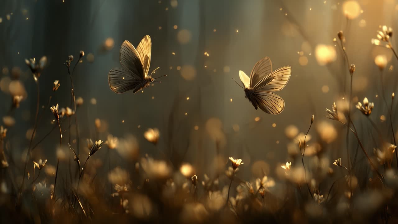 Una Serata da Sogno nella Natura: Due Farfalle che Danzano tra Fiori Luminosi e la Soffusa Luce del Sole in un Contesto di Foresta Magica