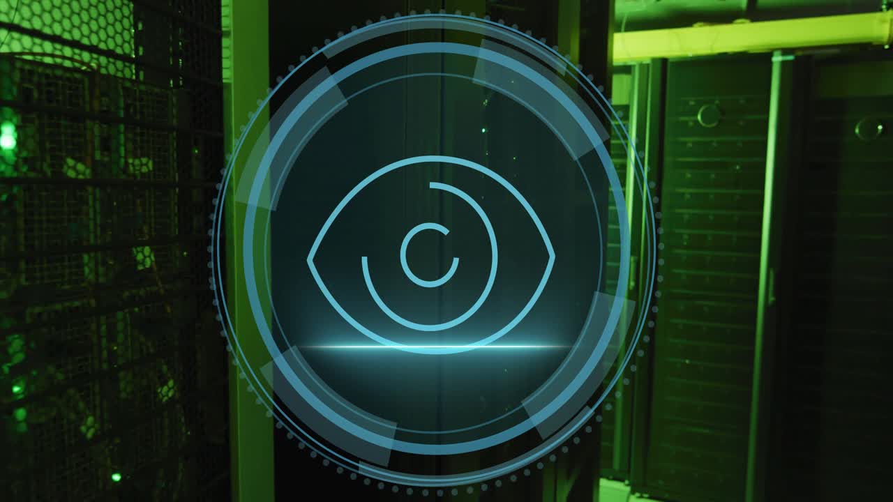 When glowing 'Cyber Security' appearing, HUD forming, eye emerging, scanning rack for security