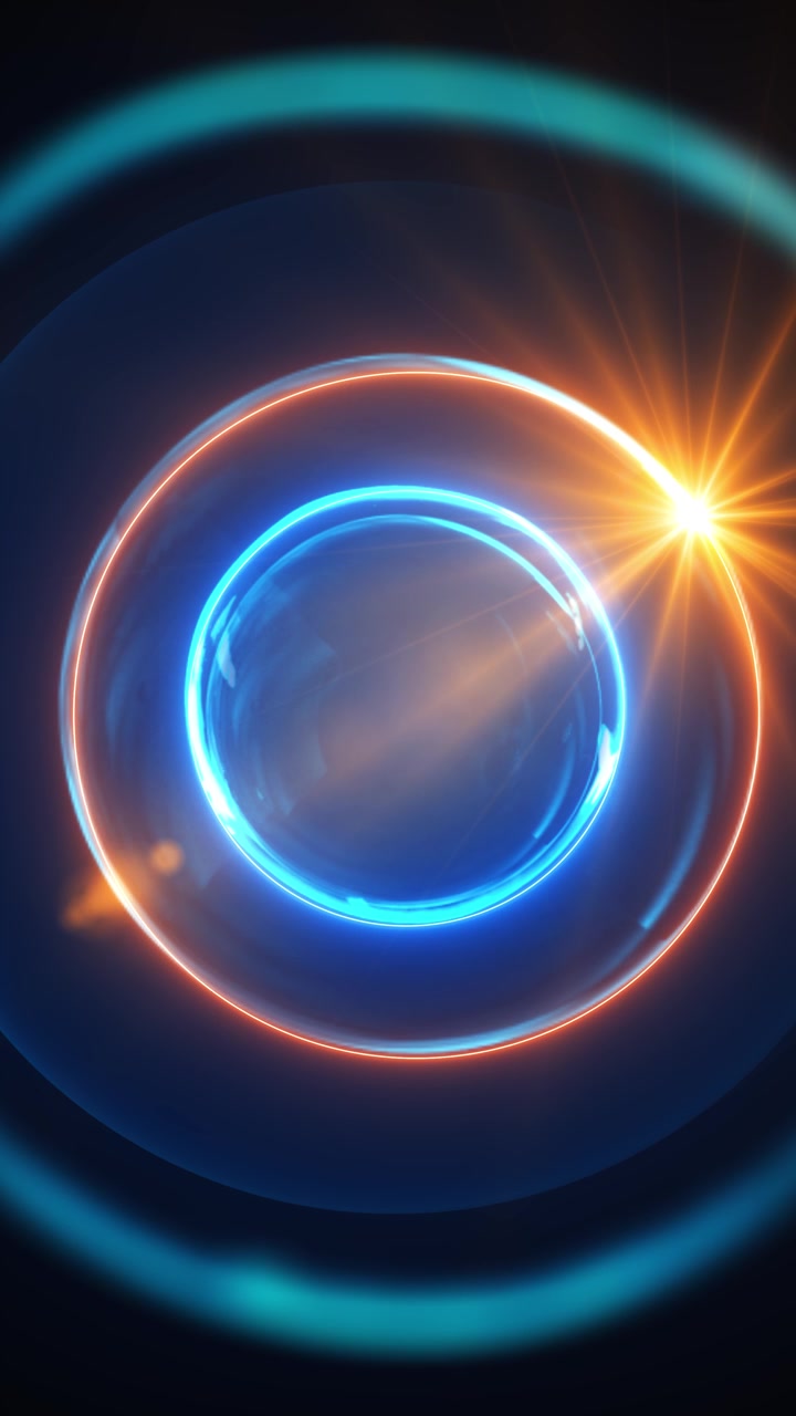 Interfaccia circolare luminosa emette luce blu elettrico, bordo caldo, riflessi di sfera trasparente