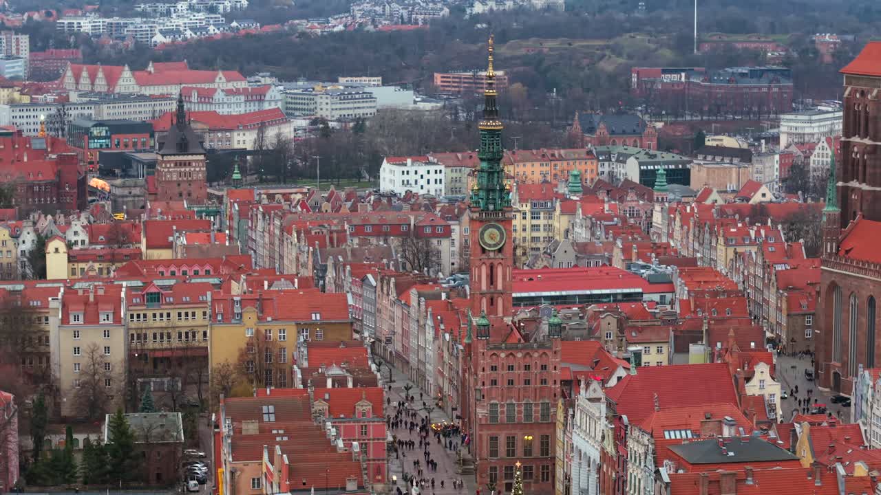 Gdansk old town, showcasing the red rooftops, main town hall, and golden gate, aerial view