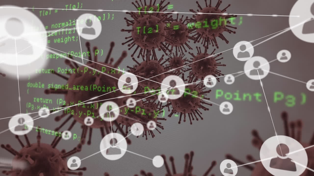 animación de la red de conexiones y procesamiento de datos sobre células covid sobre fondo blanco