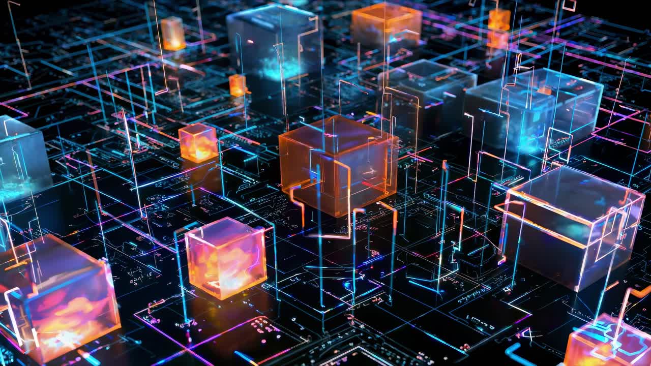 Futuristic video concept of glowing cubes on a digital grid