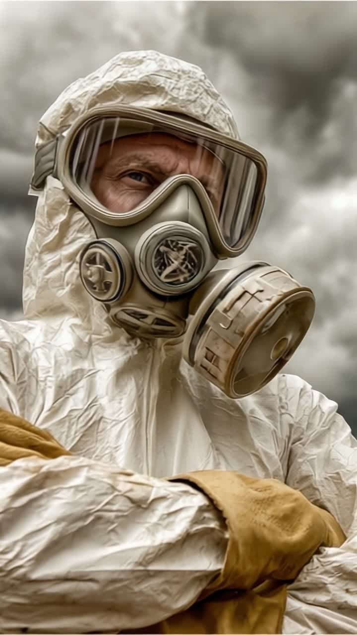 A Close-Up of a Person in Protective Gear with a Gas Mask, Set Against a Dramatic Cloudy Sky - Emphasizing Safety and Preparedness in Hazardous Conditions