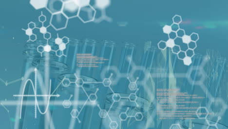 animación del procesamiento de datos y la fórmula química sobre tubos de ensayo