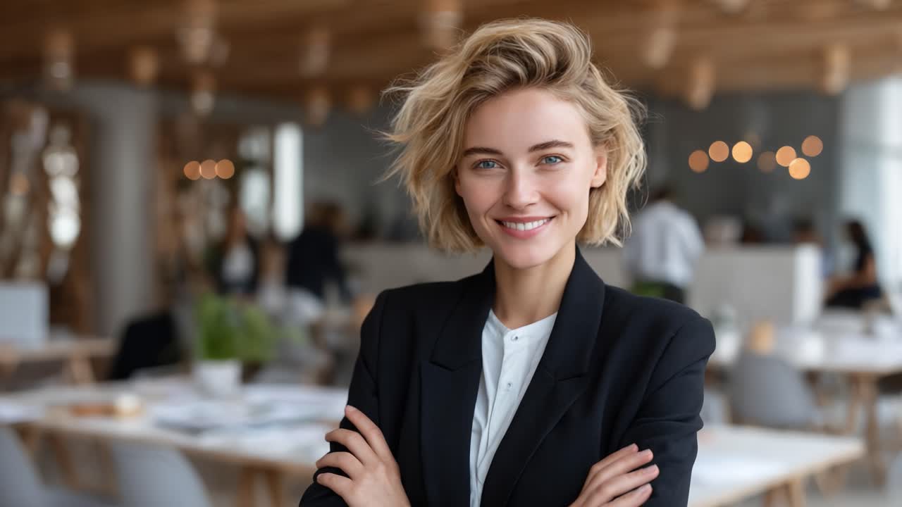 Donna d'affari sicura di sé che sorride in un ufficio moderno con colleghi sfocati sullo sfondo, a dimostrazione di professionalità e stile