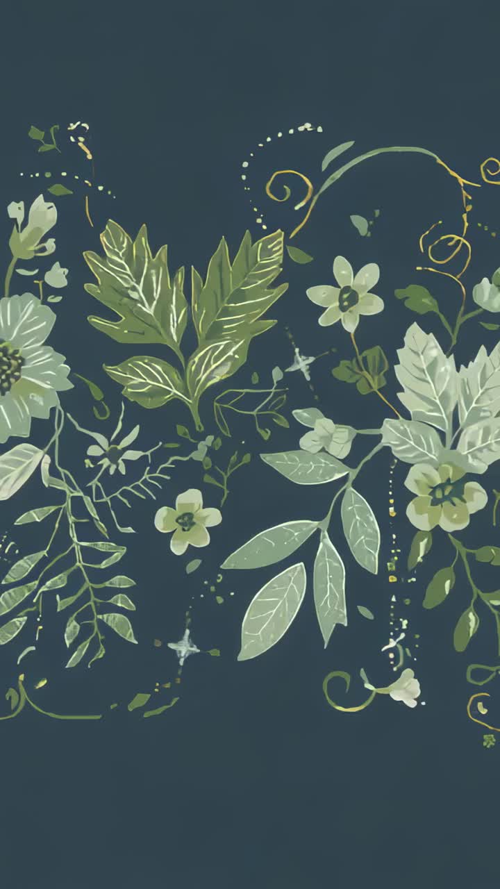 Vertical video: Auto pan shifting floral art across phone canvas, revealing leaves and star flowers