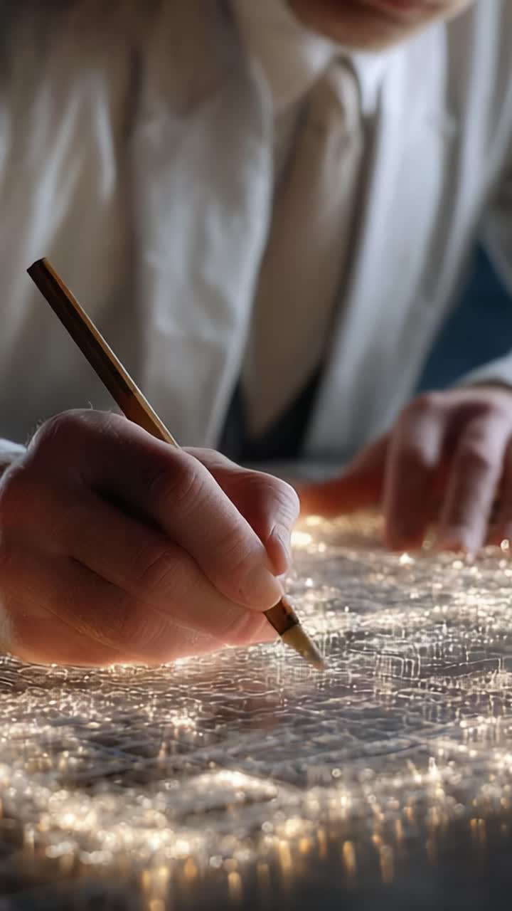 Intricate Handcrafted Designs: A Close-Up of an Artisan Creating Dazzling Patterns with a Fine Pen on a Shimmering Surface