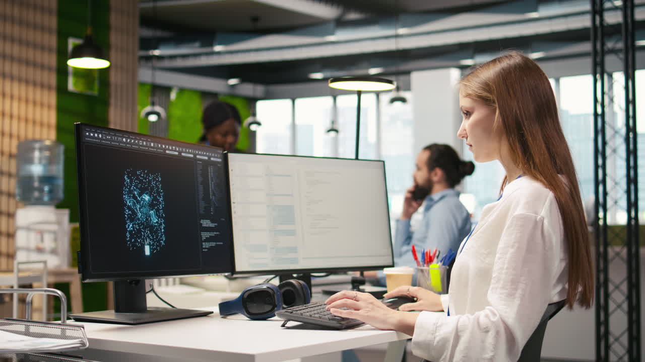 Female Technician Using Ai Llm Chatbot To Automate Tasks In Office