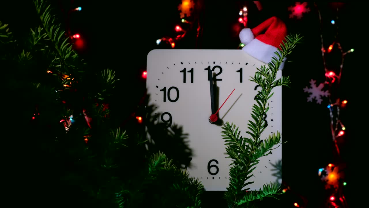 reloj en ramas de abeto de año nuevo en fondo negro. la manilla de segundos se mueve en círculo de reloj mecánico y muestra las doce en punto a medianoche y víspera de navidad. concepto de vacaciones, lapso de tiempo, primer plano, primer plano