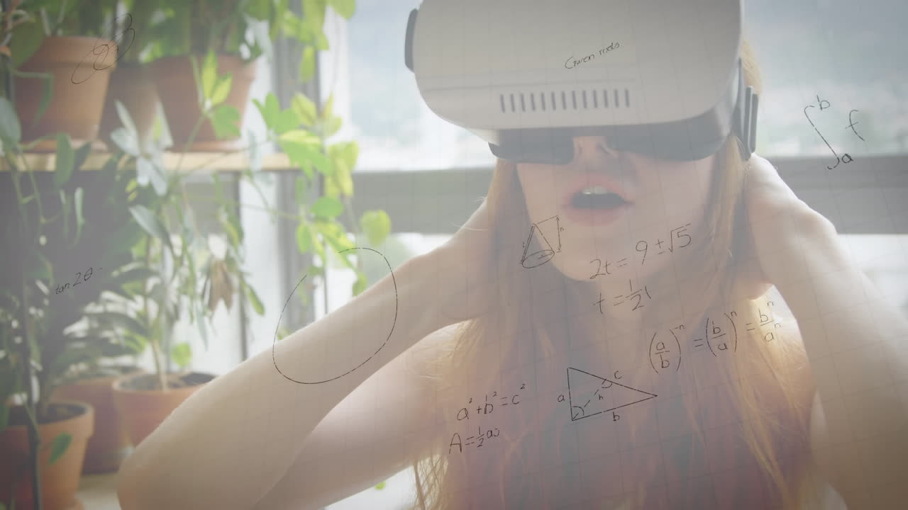 animación de dibujos matemáticos y ecuaciones sobre mujer usando auriculares vr