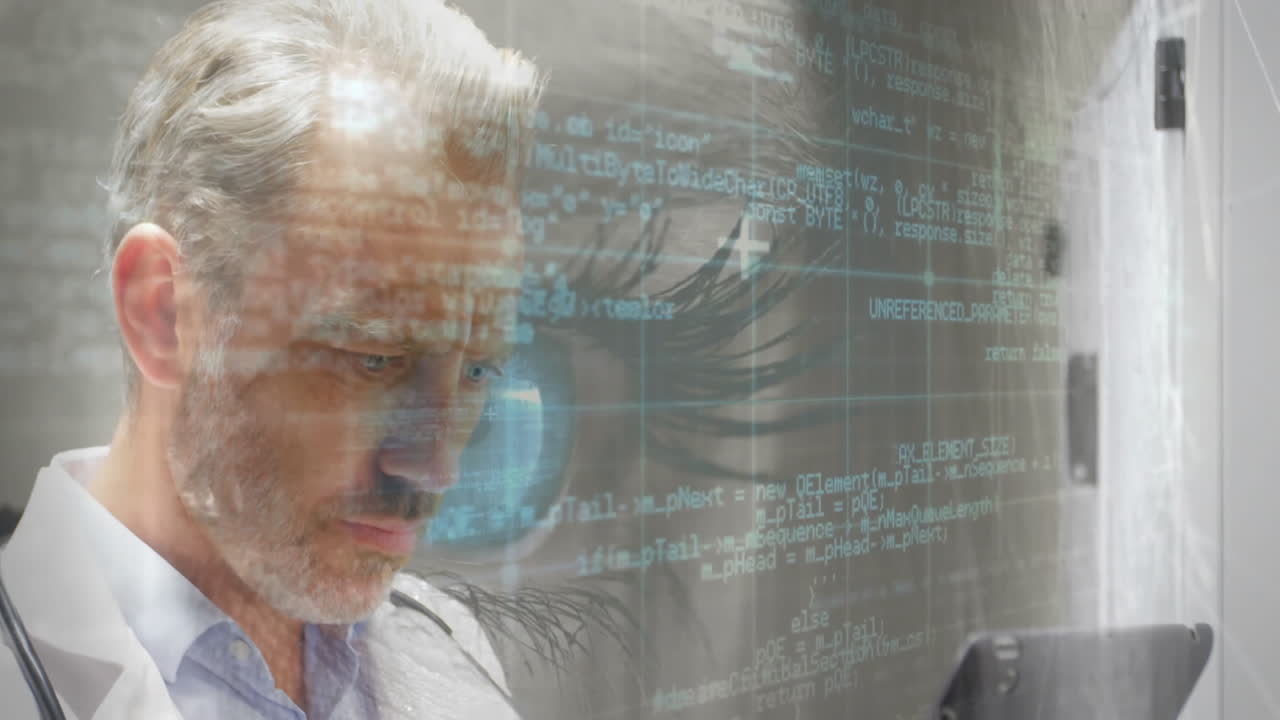 Using smartphone, man with digital code and eye animation in background