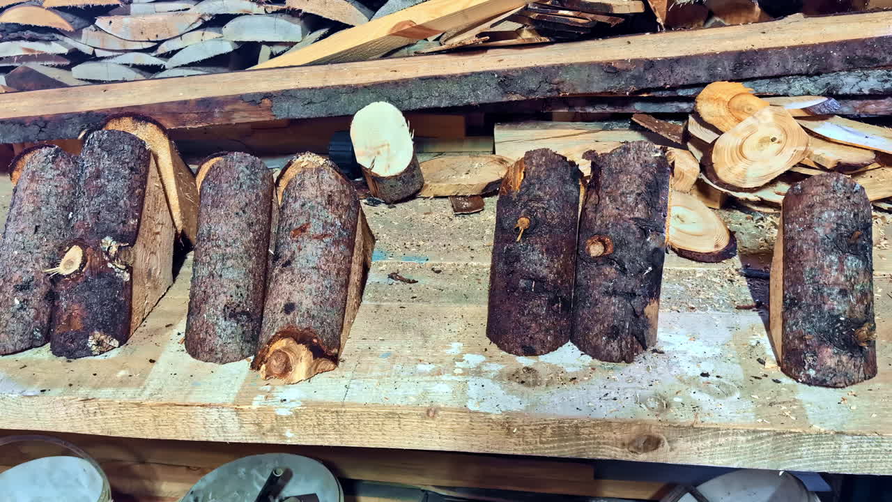 Pieces Of Logs At The Sawmill Facility. High Angle Shot