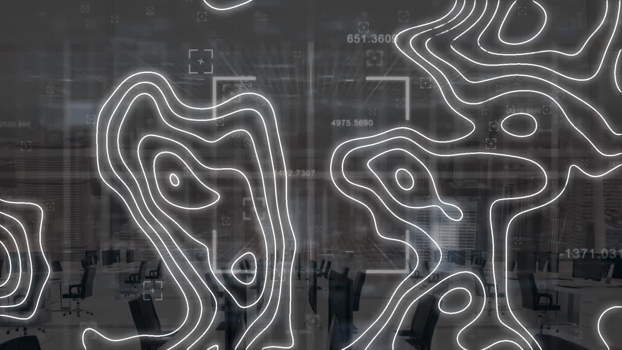 animación de marco blanco y formas en movimiento sobre la oficina