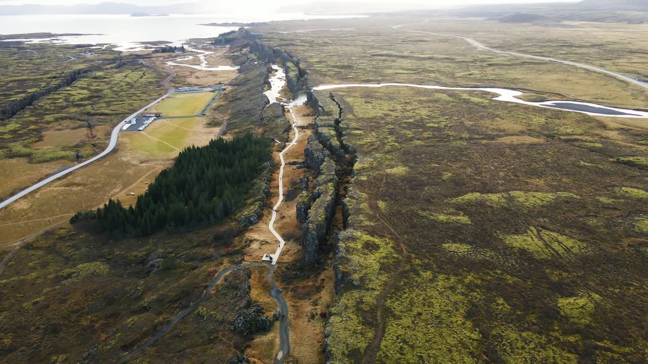 Jib up of beautiful Langist&iacute;gur canyon in Thingvellir national park in Iceland