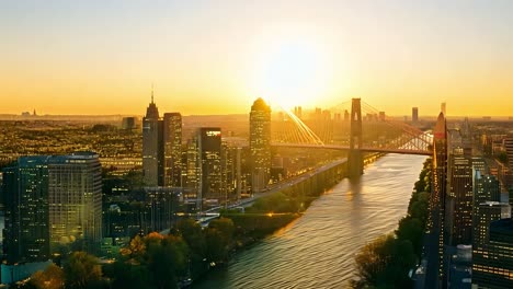 sunrise illuminating a city skyline with a bridge in the background, showcasing urban architecture and morning light