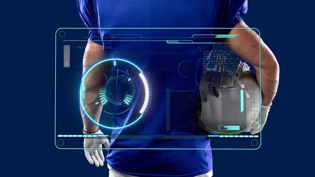 animación de la sección media del jugador de fútbol americano sobre el procesamiento de datos en fondo azul