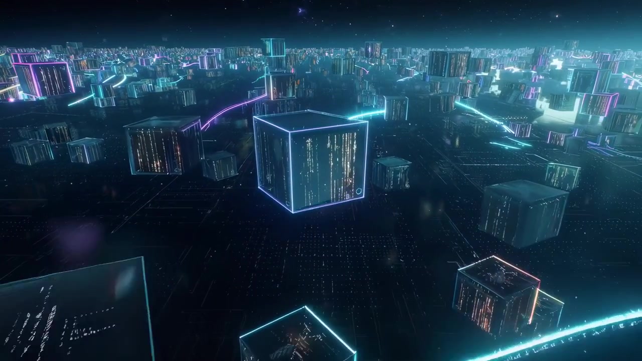 Futuristic Digital City with Interconnected Glowing Data Cubes