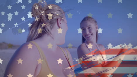 Animation-Der-Flagge-Der-USA-über-Glücklichen-Kaukasischen-Frauen-Mit-Surfbrett-Am-Strand-Im-Sommer