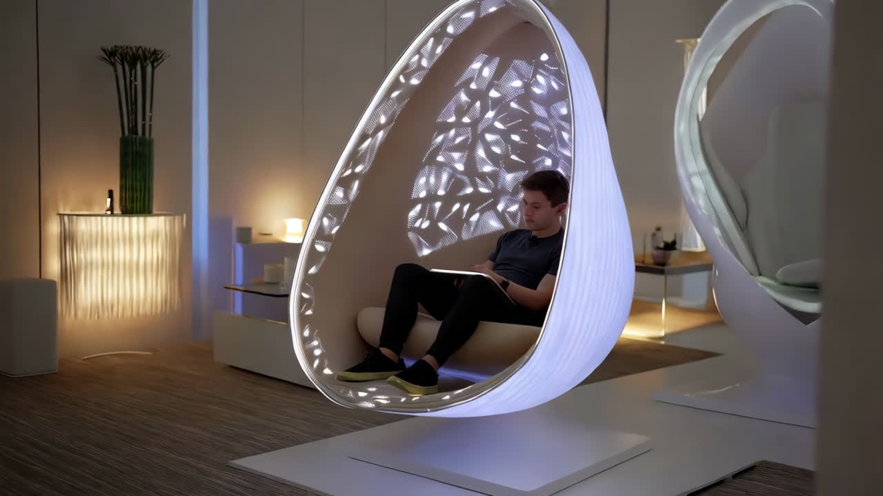 Person sits in a futuristic, illuminated pod chair using a tablet