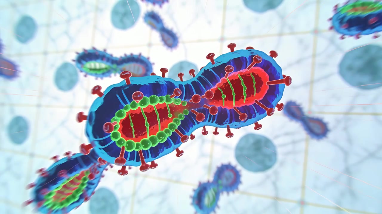 Particella virale rotante che si allunga e si replica in una microgriglia, con involucro blu e punte rosse.