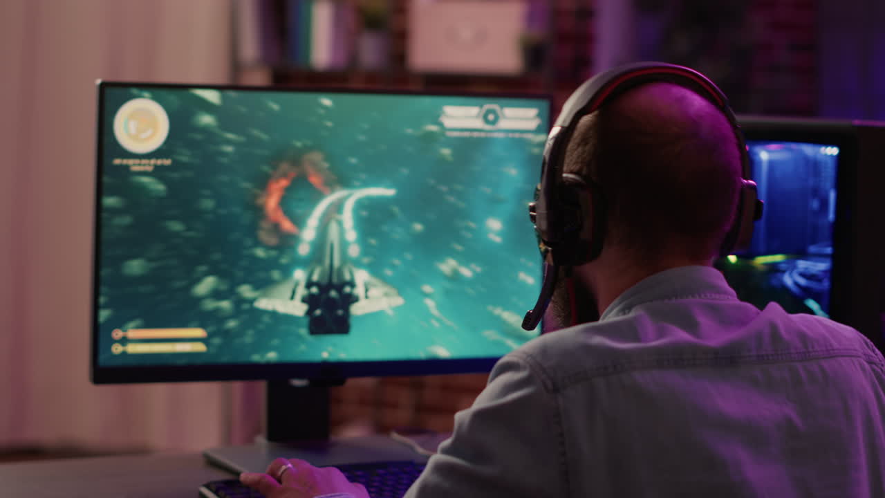 Overs shoulder view of gamer streaming fast paced space shooter action game