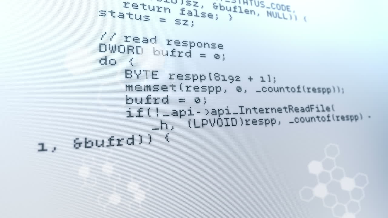 Animation of white hexagons over data processing on grey background
