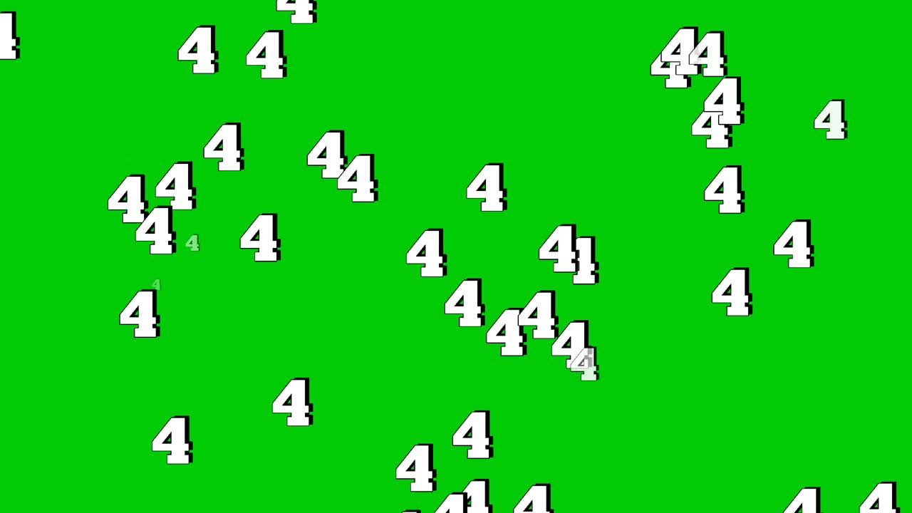 Animated numbers 4 four falling vertically like rain on a green screen background. Perfect for video editing, VFX, and motion graphics. Seamless loop included for continuous use video element